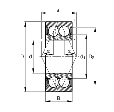 角接觸球軸承 3808-B-2RSR-TVH, 雙列，雙側(cè)唇密封，接觸角 α = 25°